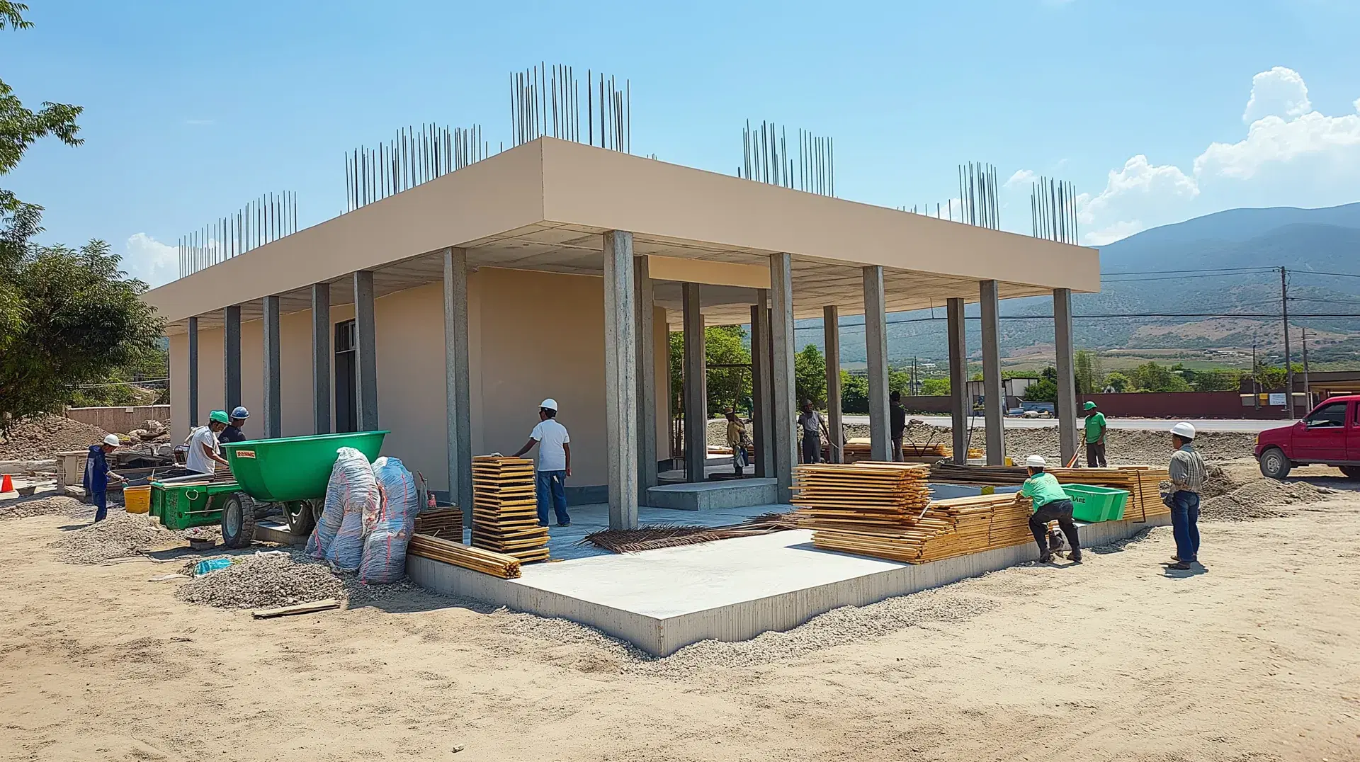 Primer nivel en construcción: marco de columnas y losa de concreto ya colada, varillas de espera para el segundo nivel y cuadrilla acomodando cimbra y material sobre la plataforma.