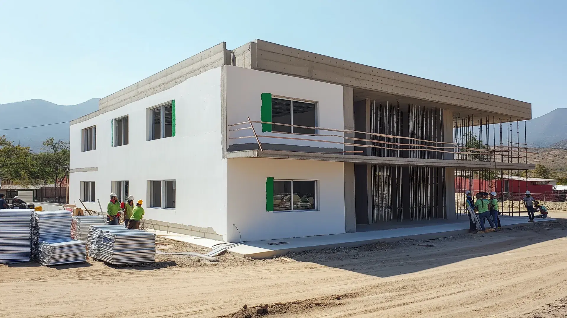 Segundo nivel colado y aplanado, con cancelería instalada en la fachada lateral y armado de columnas con andamios en el frente del edificio.