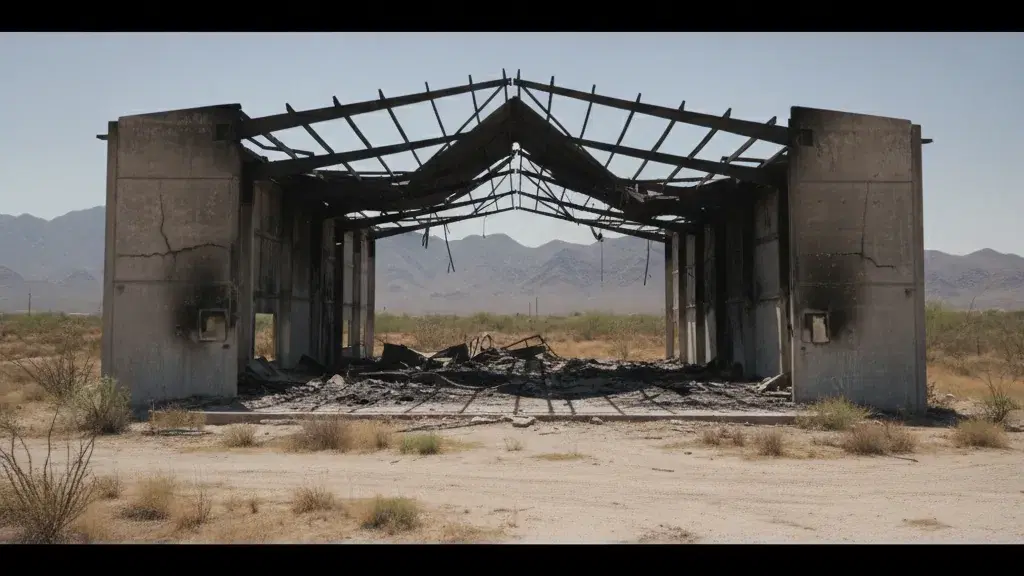 Nave siniestrada por incendio: muros de concreto ennegrecidos y agrietados, armadura metálica de techo colapsada hacia el centro y escombro acumulado sobre la losa.