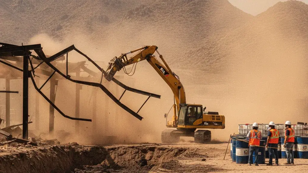 Demolición controlada de la estructura dañada con excavadora y pinza hidráulica; al frente, cuadrilla con casco y chaleco junto a tambos y contenedores para residuos peligrosos.