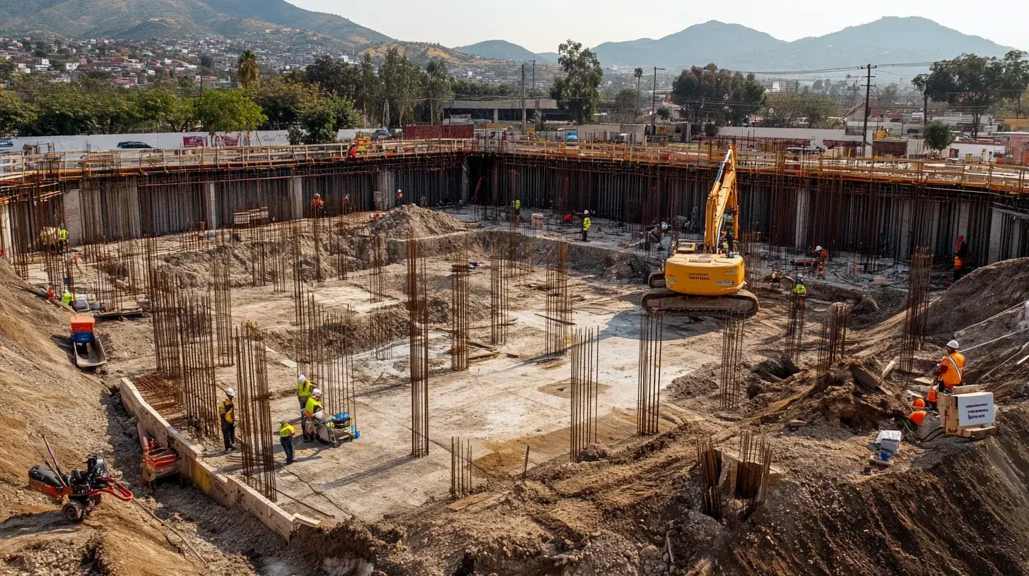 Excavación y cimentación del conjunto: muros de contención perimetrales apuntalados, armados de columnas esperando colado y una retroexcavadora trabajando dentro del cajón.