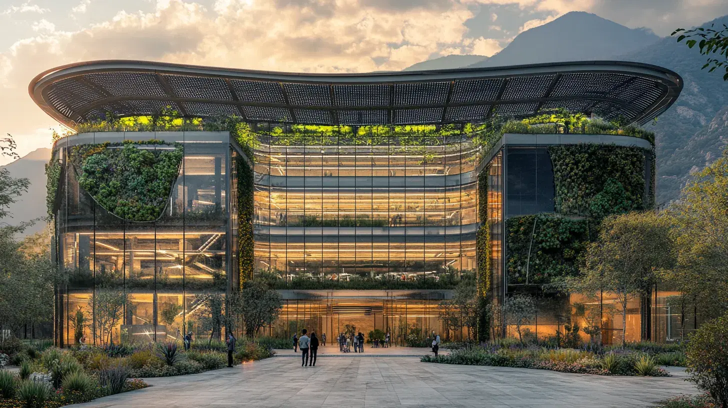 Fachada curva del centro de innovación al atardecer: muro cortina de vidrio en cuatro niveles, jardines verticales en los volúmenes laterales y una cubierta voladiza recubierta de paneles solares.