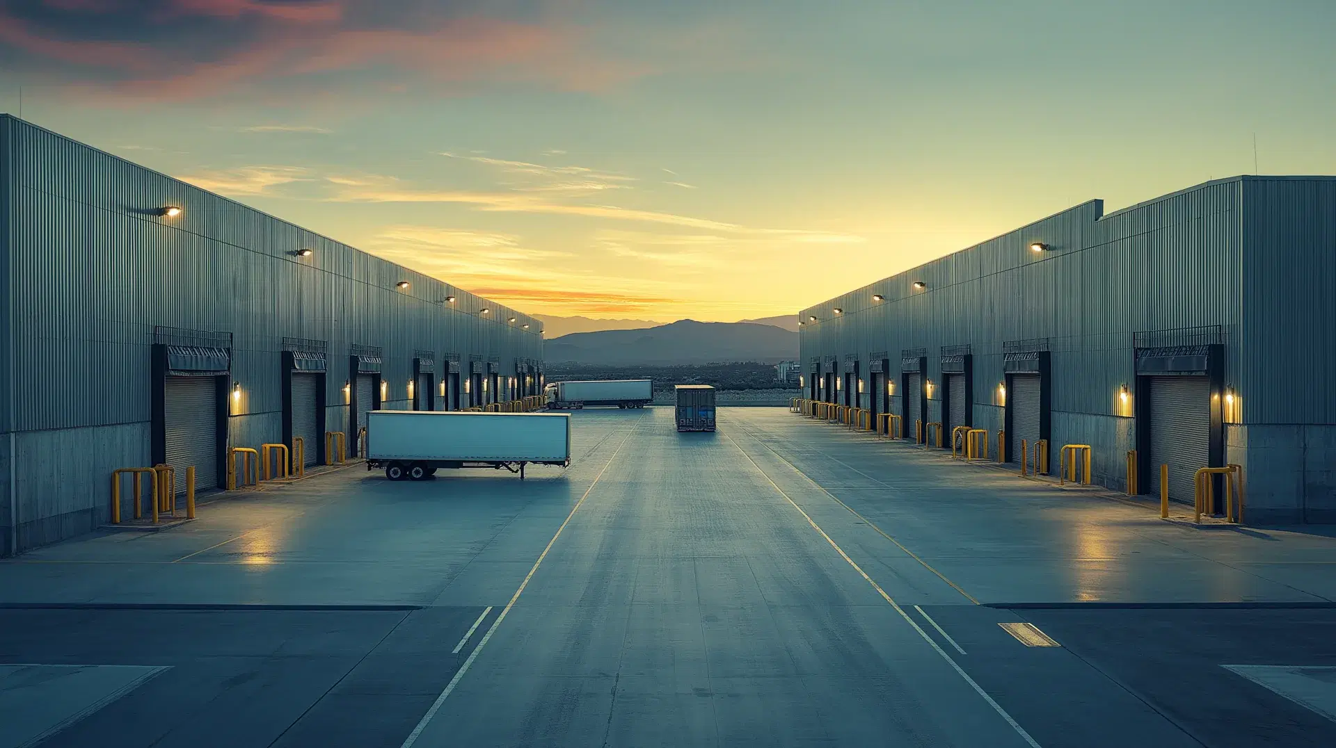 Patio de maniobras entre dos naves terminadas al atardecer: andenes de carga con cortinas metálicas, defensas amarillas y una caja de tráiler estacionada sobre el pavimento de concreto.
