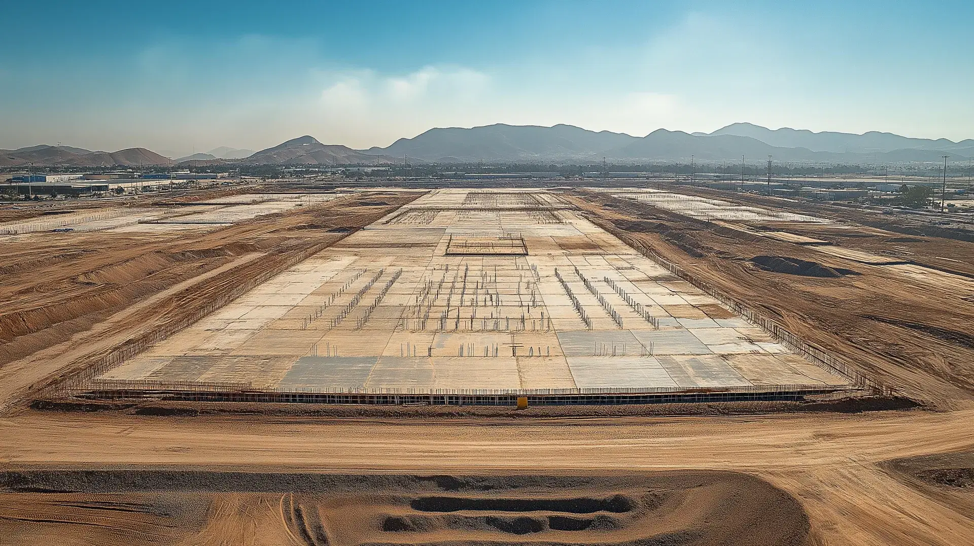 Vista aérea de la plataforma del parque industrial: losa de cimentación colada por tableros, preparaciones de acero para las columnas y terracerías perimetrales en proceso.