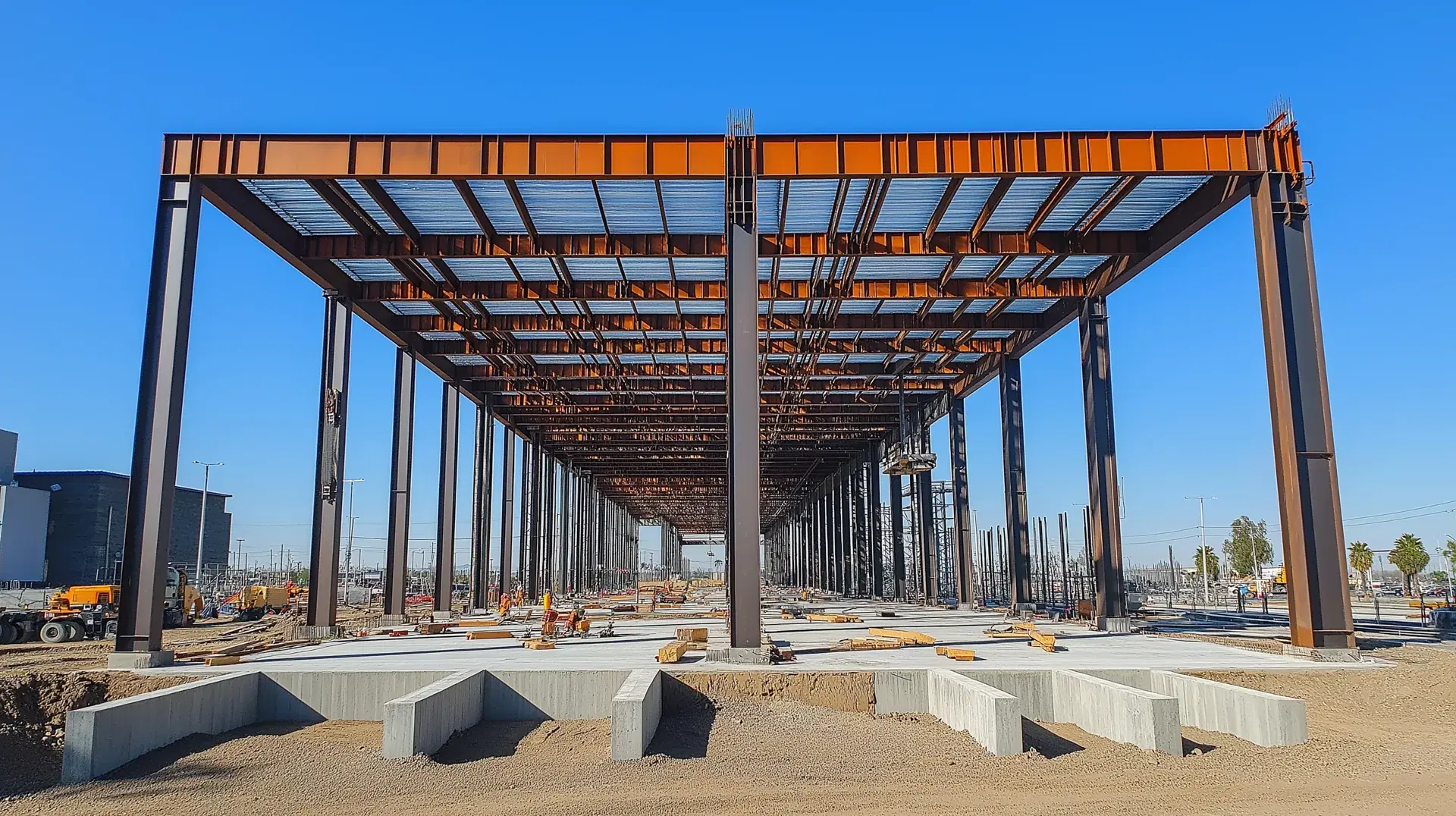 Montaje de la estructura metálica de una nave vista a contraluz: columnas y trabes IPR alineadas en toda la longitud del claro, con losacero ya colocada sobre las crujías del frente.