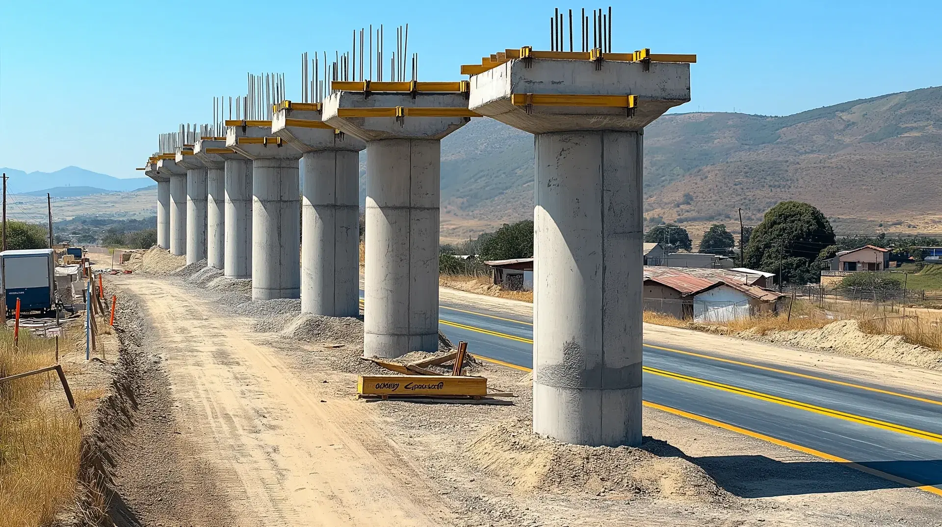 Fila de columnas circulares de concreto del viaducto con acero de refuerzo expuesto en la corona y trabes cabezal apoyadas sobre soportes provisionales, junto a la carretera en operación.